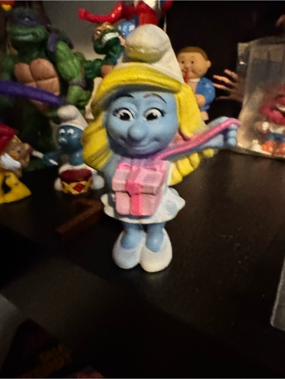 McDonald's Smurfette Figurine with Pink Gift and Yellow Hair